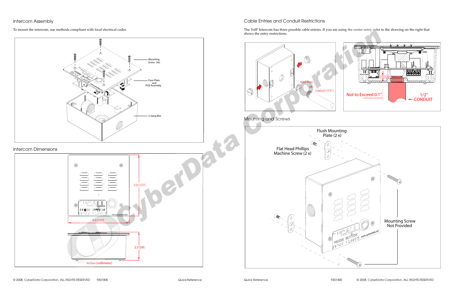 Cable entries and conduit restrictions, Mounting and screws, Intercom assembly | Intercom dimensions | CyberData VoIP Intercom 010935B User Manual | Page 2 / 2