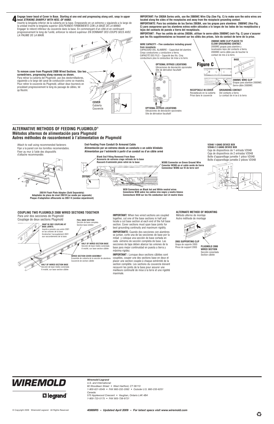 Figure c, Alternative methods of feeding plugmold | Legrand Plugmold 2000 Wired Sections User Manual | Page 2 / 2