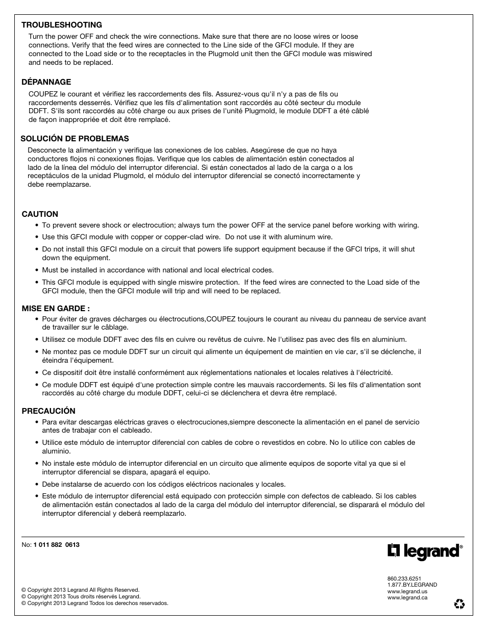 Legrand Plugmold GFCI Mulitoutlet Systems User Manual | Page 8 / 8