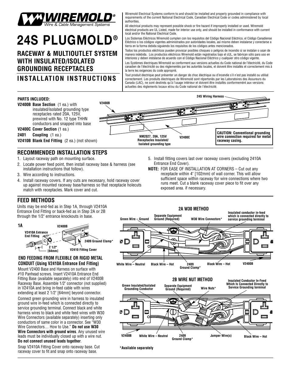 24s plugmold, Recommended installation steps feed methods | Legrand 2400 Series Steel Plugmold Multioutlet System with Insulated/Isolated Grounding Receptacles User Manual | Page 2 / 2