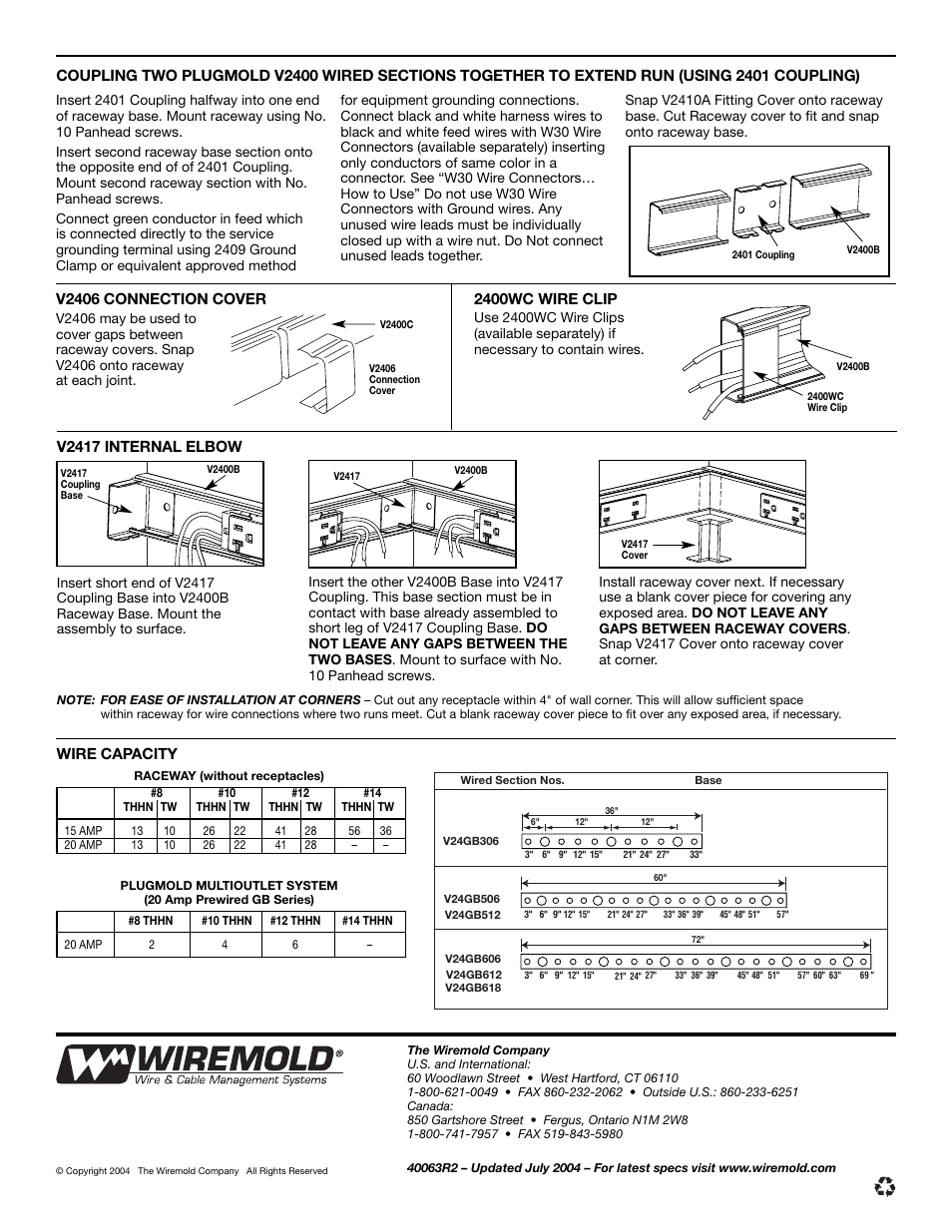 V2417 internal elbow wire capacity, 2400wc wire clip | Legrand V2400 User Manual | Page 2 / 2