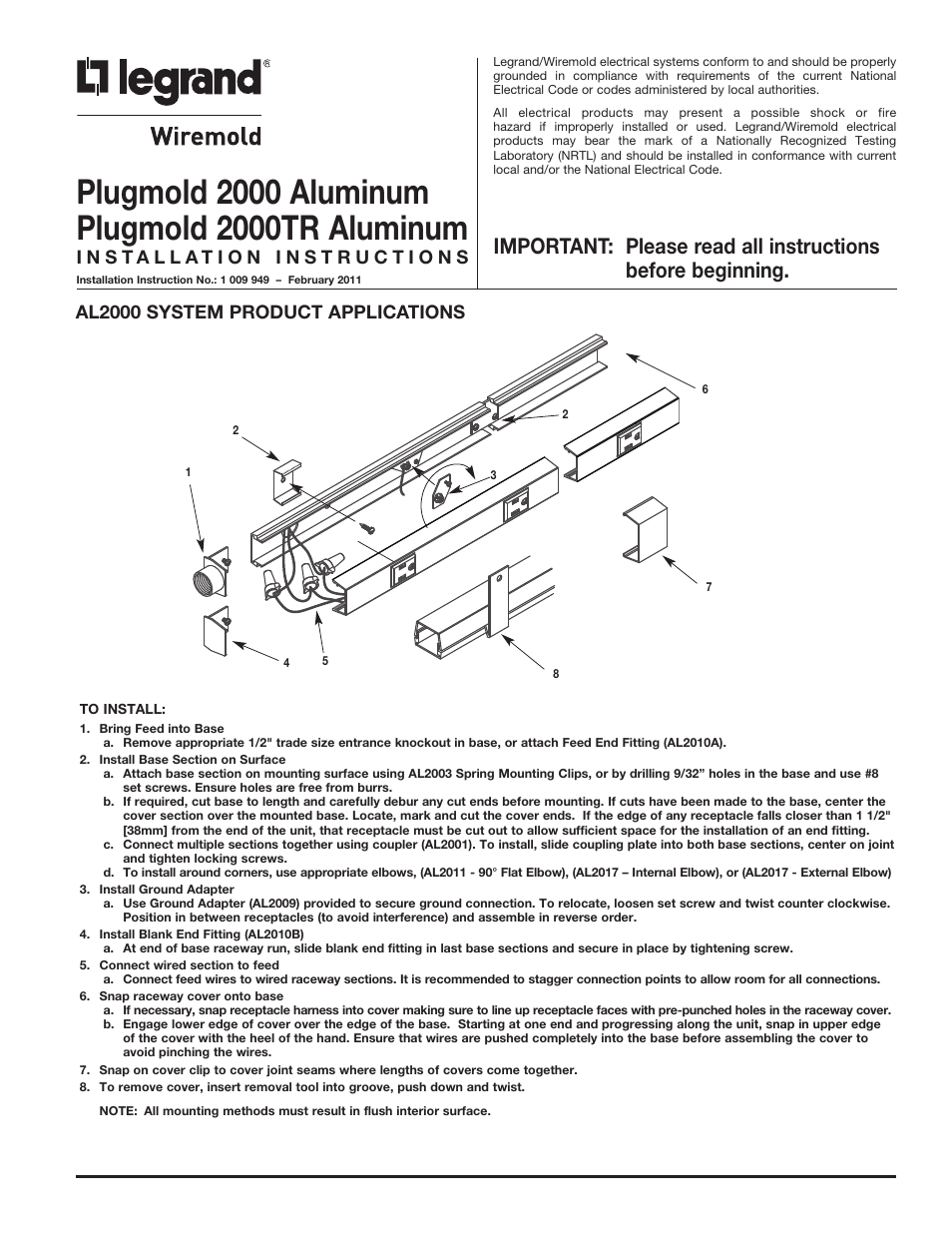 Legrand 2000 Series Aluminum Plugmold Multioutlet System User Manual | 4 pages