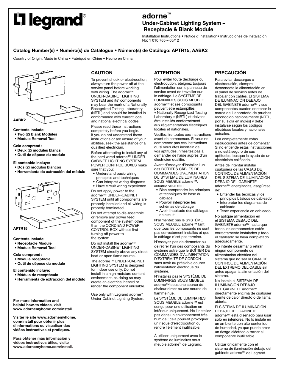 Legrand APTR15 User Manual | 4 pages