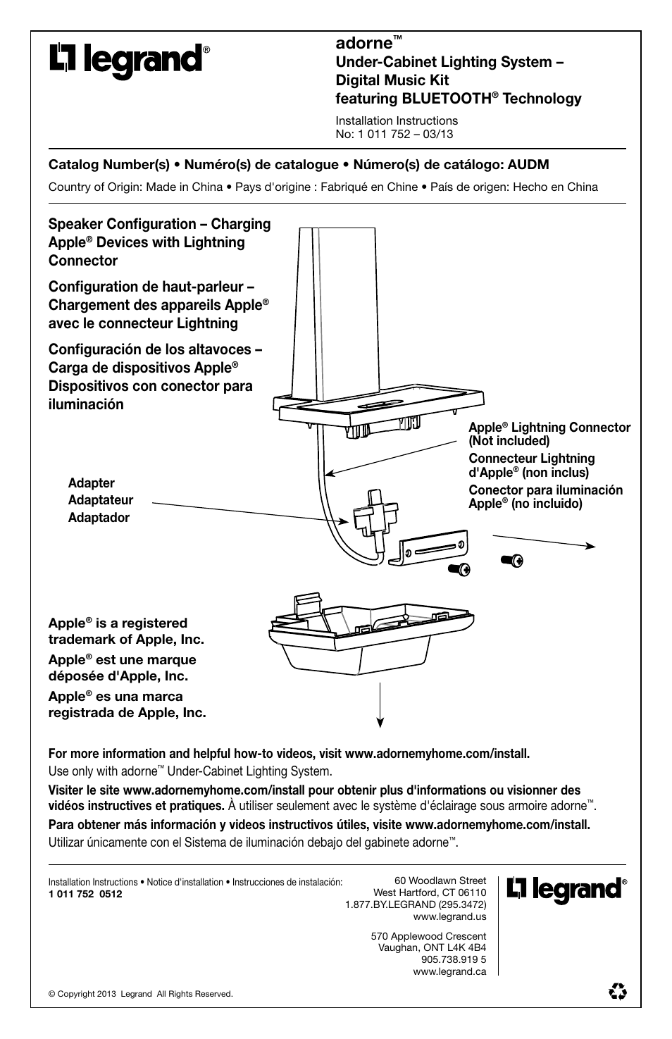 Adorne, Technology, Speaker configuration – charging apple | Dispositivos con conector para iluminación | Legrand AUDM User Manual | Page 31 / 31