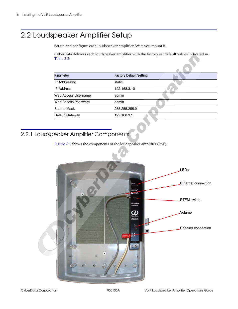 2 loudspeaker amplifier setup, 1 loudspeaker amplifier components | CyberData 010861 930106A User Manual | Page 12 / 42