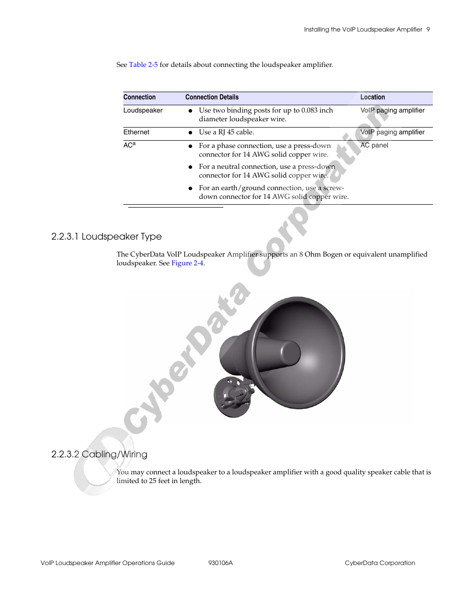 1 loudspeaker type, 2 cabling/wiring | CyberData 010861 930106A User Manual | Page 15 / 42