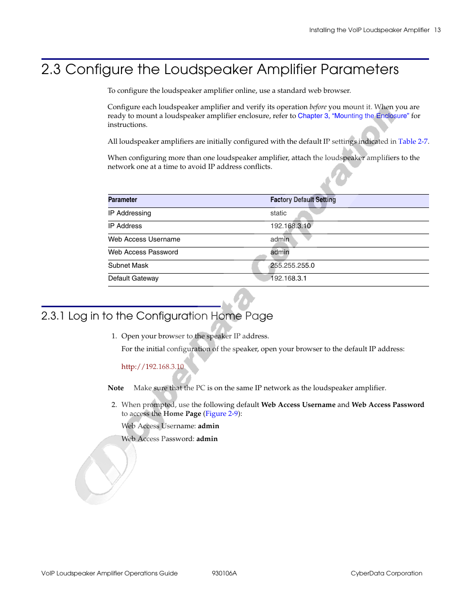 3 configure the loudspeaker amplifier parameters, 1 log in to the configuration home page | CyberData 010861 930106A User Manual | Page 19 / 42
