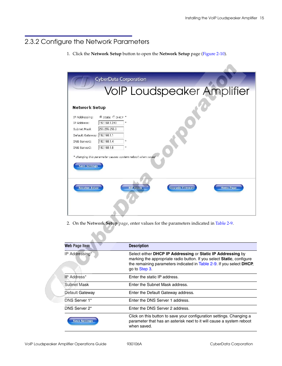 2 configure the network parameters, Voip loudspeaker amplifier | CyberData 010861 930106A User Manual | Page 21 / 42