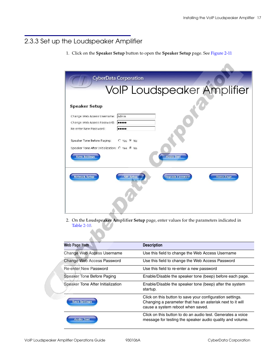 3 set up the loudspeaker amplifier, Voip loudspeaker amplifier | CyberData 010861 930106A User Manual | Page 23 / 42