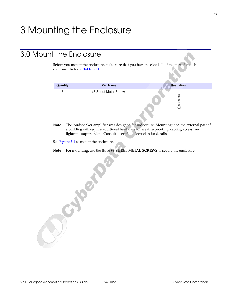 3 mounting the enclosure, 0 mount the enclosure, Chapter 3 mounting the enclosure | Fer to, Chapter 3, “mounting the enclosure | CyberData 010861 930106A User Manual | Page 33 / 42