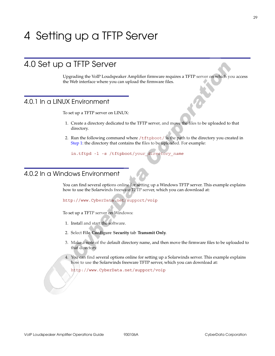 4 setting up a tftp server, 0 set up a tftp server, 1 in a linux environment | 2 in a windows environment, Chapter 4 setting up a tftp server, Chapter 4, “setting up a, Tftp server | CyberData 010861 930106A User Manual | Page 35 / 42