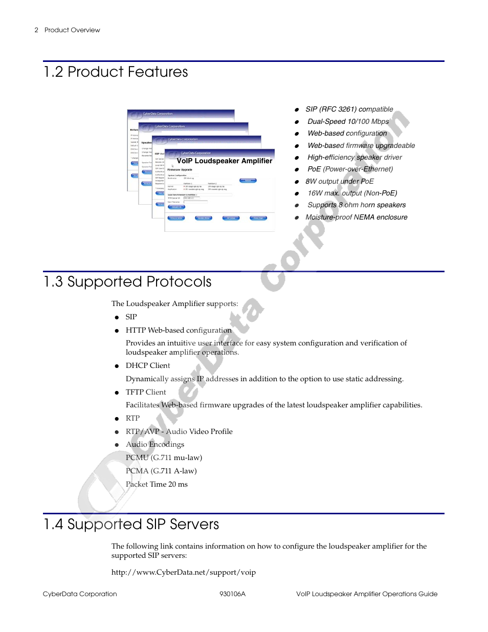 2 product features, 3 supported protocols, 4 supported sip servers | 2 product features 1.3 supported protocols | CyberData 010861 930106A User Manual | Page 8 / 42