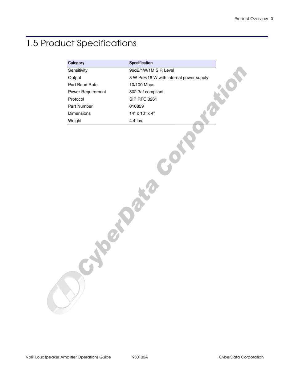 5 product specifications | CyberData 010861 930106A User Manual | Page 9 / 42