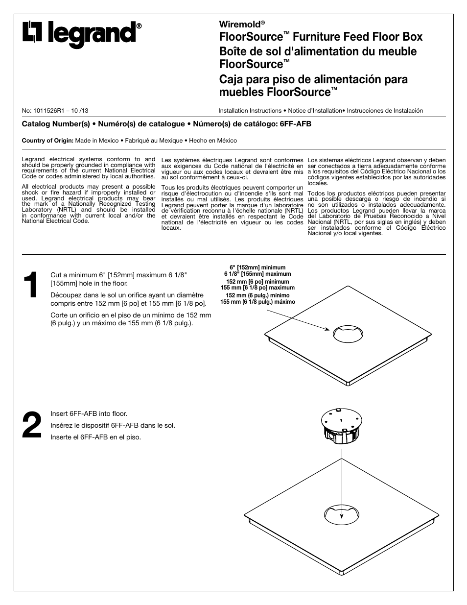 Legrand 6FF-AFB Floor Box User Manual | 8 pages