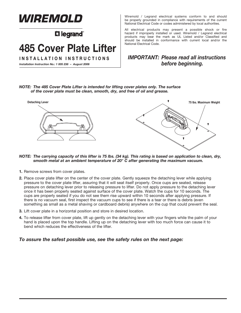 Legrand VA Trenchduct Flush Floor Feeder System 485 Cover Lifter Usage User Manual | 2 pages