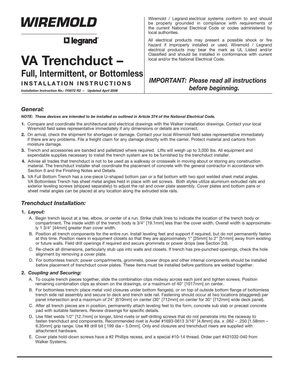 Legrand VA Trenchduct Flush Floor Feeder System User Manual | 4 pages