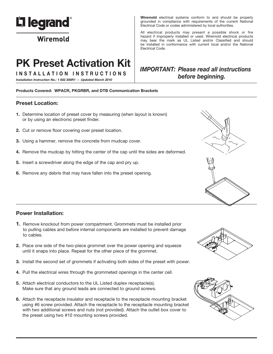 Legrand WC PK Preset Activation Kit User Manual | 2 pages