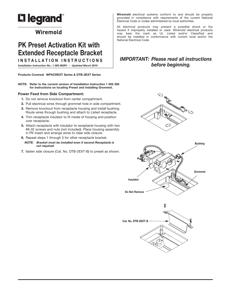 Legrand WC PK Preset Activation Kit with Extended Receptacle Bracket User Manual | 2 pages