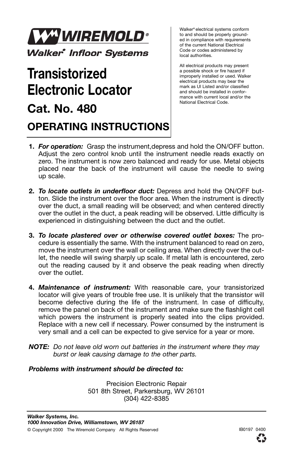 Legrand WC Cellular Raceway Transistorized Electronic Locator User Manual | 1 page