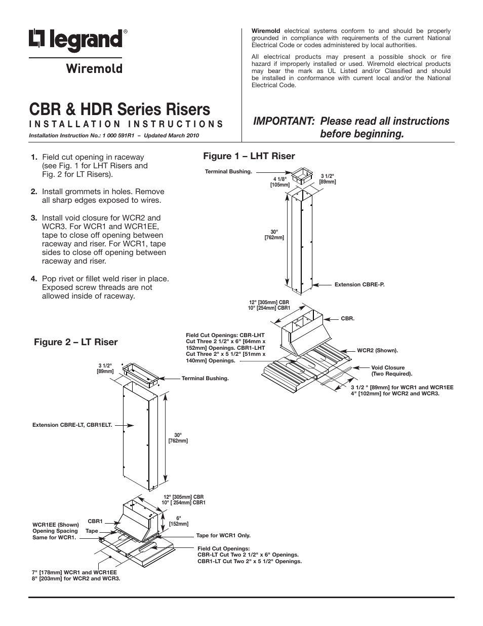 Legrand WC Cellular Raceway Risers User Manual | 2 pages