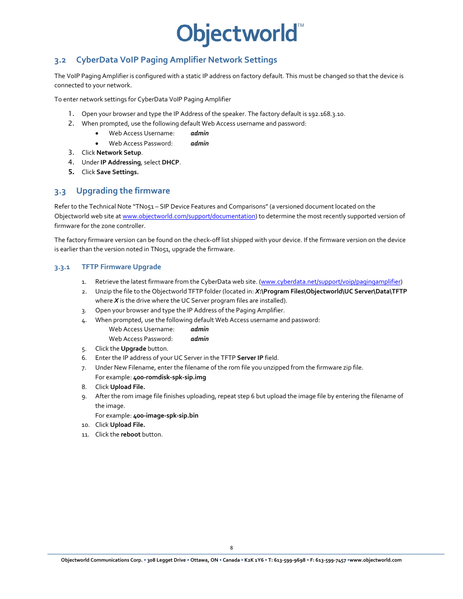 2 cyberdata voip paging amplifier network settings, 3 upgrading the firmware, 1 tftp firmware upgrade | CyberData VoIP Paging/Loudspeaker Amplifier User Manual | Page 10 / 14