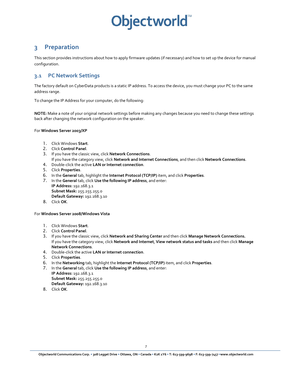 3 preparation, 1 pc network settings | CyberData VoIP Paging/Loudspeaker Amplifier User Manual | Page 9 / 14