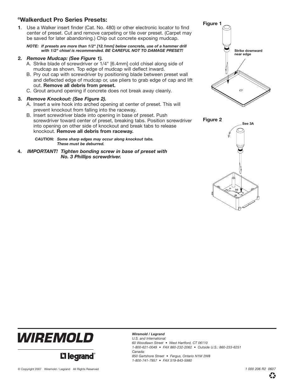 Walkerduct pro series presets | Legrand WKD ProSeries Underfloor Duct Fiber Loop Kit Installation User Manual | Page 2 / 2