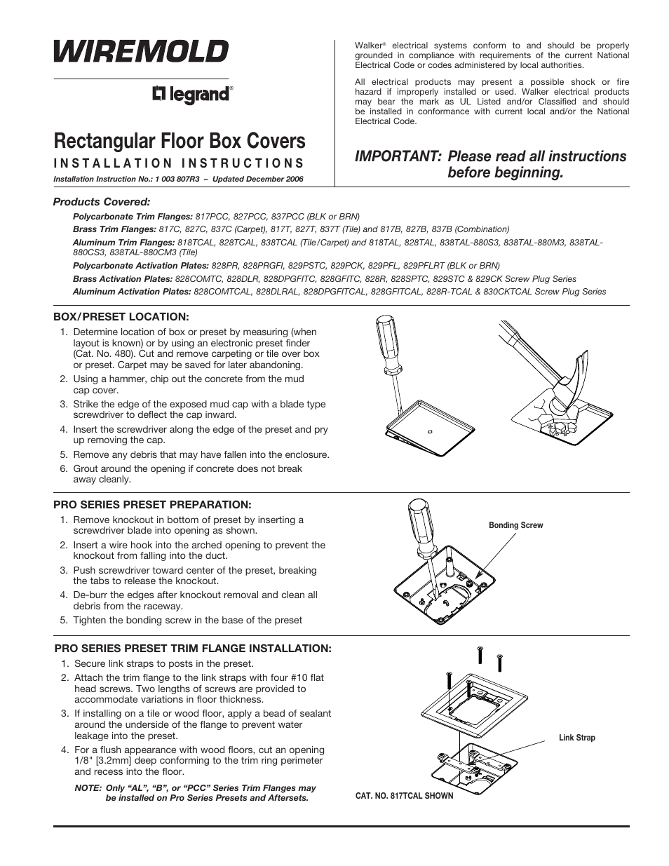 Legrand WKD ProSeries Underfloor Duct Rectangular Floor Box Covers User Manual | 4 pages