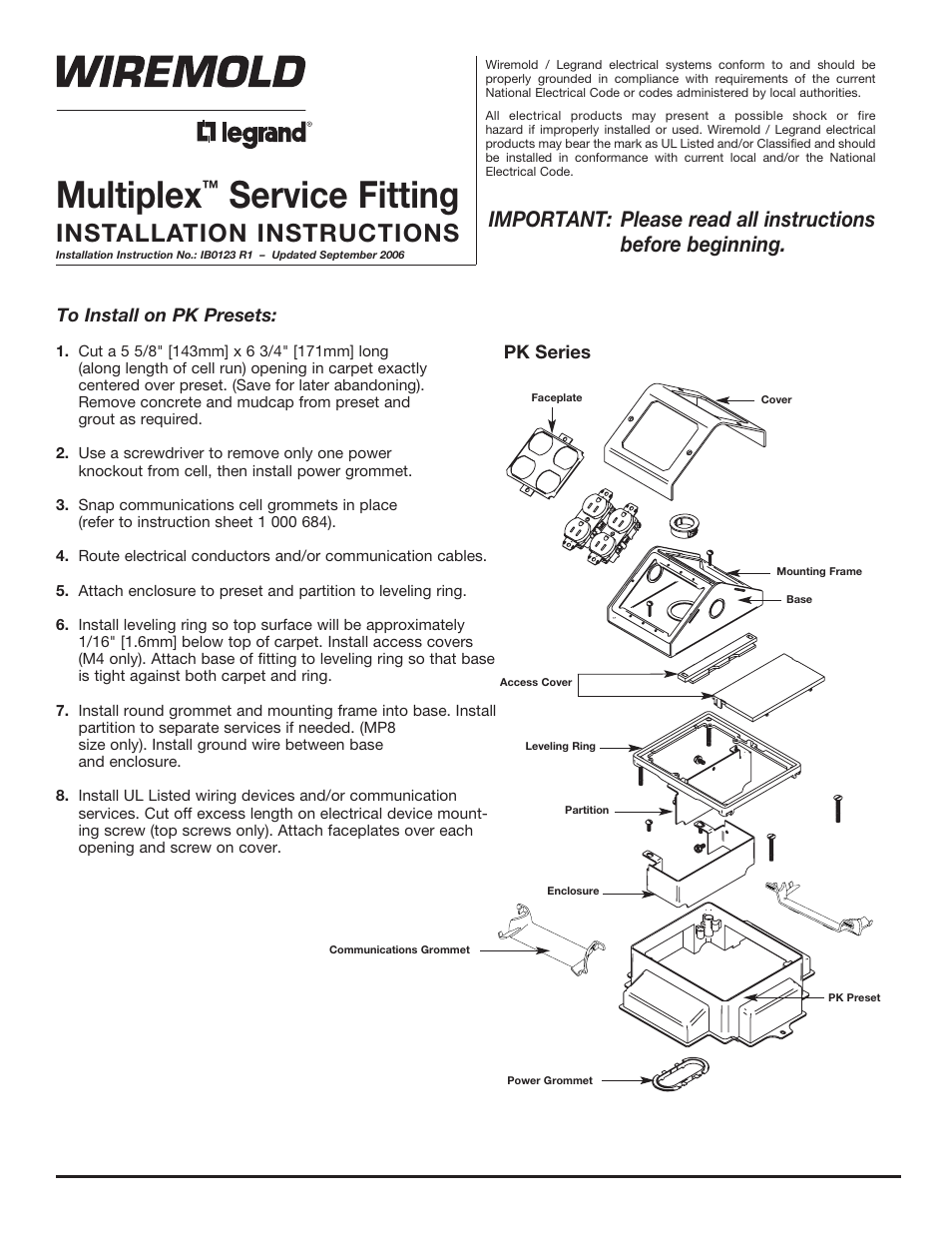 Legrand Multiplex Series Multi-Service Pedestal Service Fittings User Manual | 4 pages