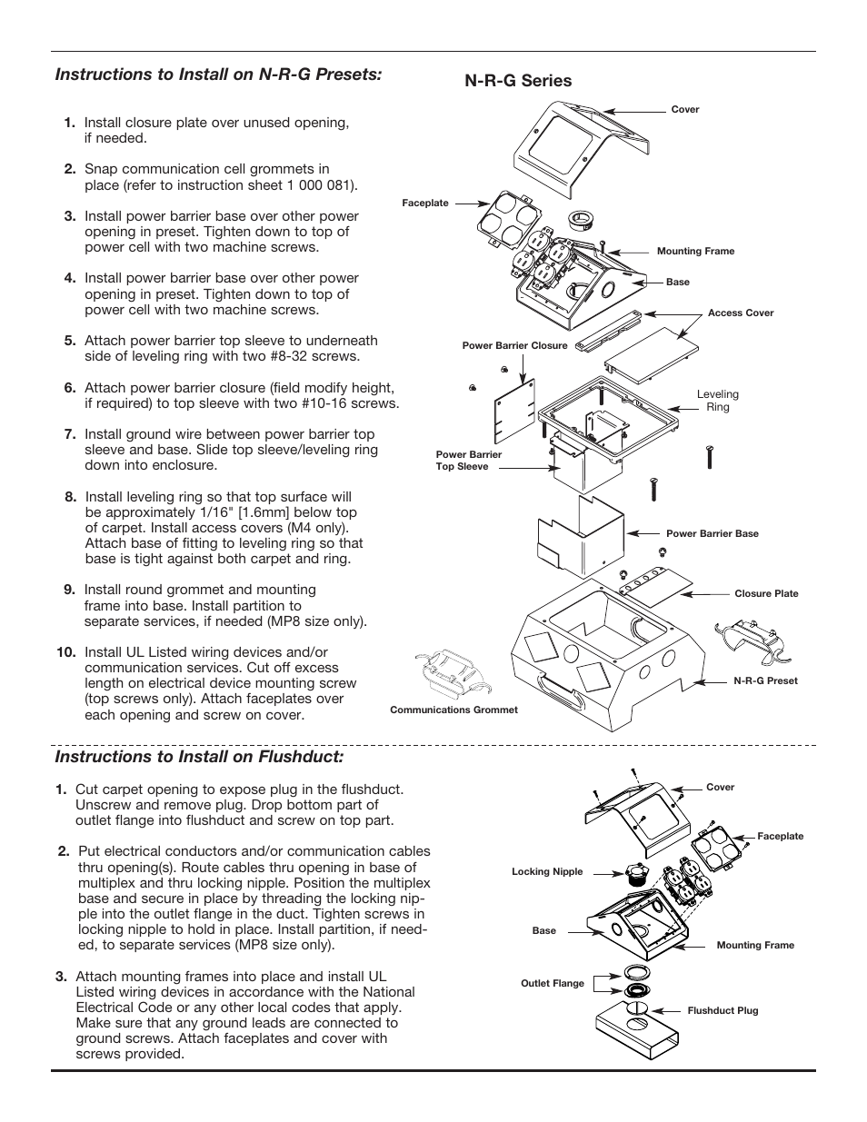 Instructions to install on n-r-g presets, Instructions to install on flushduct, N-r-g series | Legrand Multiplex Series Multi-Service Pedestal Service Fittings User Manual | Page 2 / 4