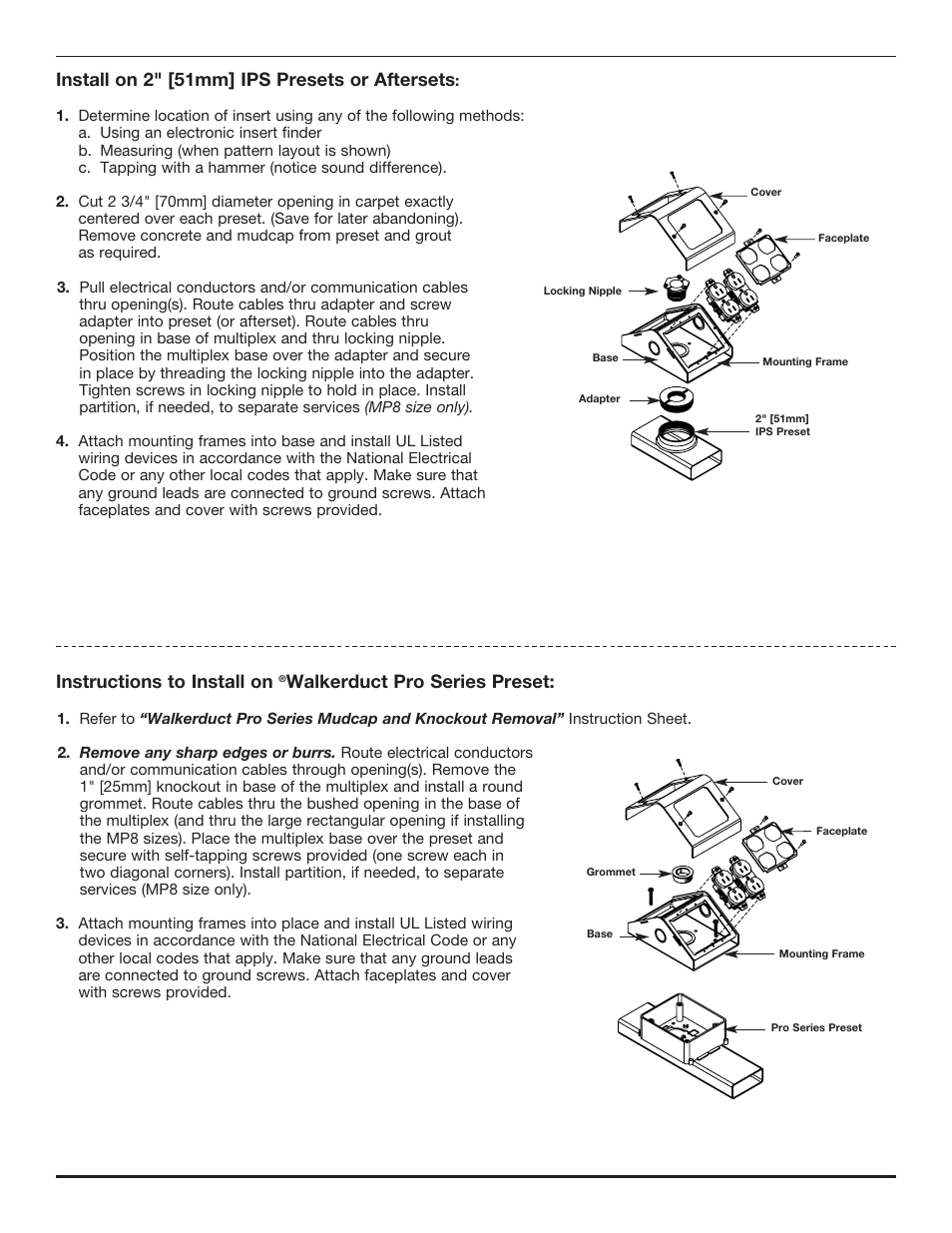 Install on 2" [51mm] ips presets or aftersets, Instructions to install on, Walkerduct pro series preset | Legrand Multiplex Series Multi-Service Pedestal Service Fittings User Manual | Page 3 / 4