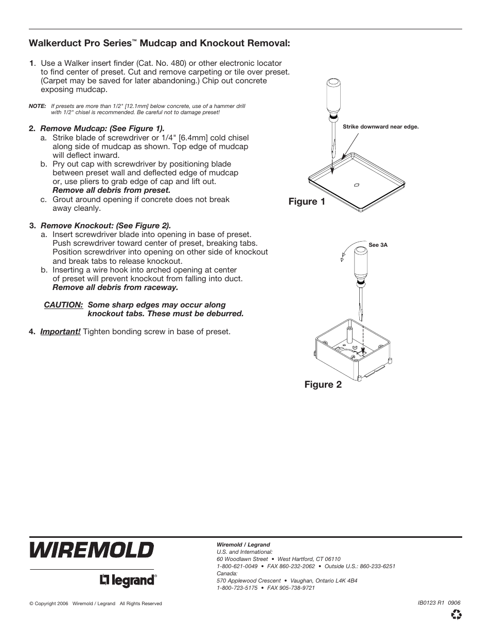 Walkerduct pro series, Mudcap and knockout removal, Figure 1 | Figure 2 | Legrand Multiplex Series Multi-Service Pedestal Service Fittings User Manual | Page 4 / 4