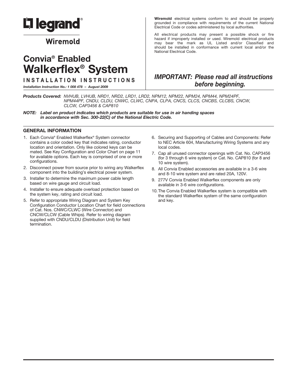 Legrand Convia Enabled Walkerflex System User Manual | 12 pages