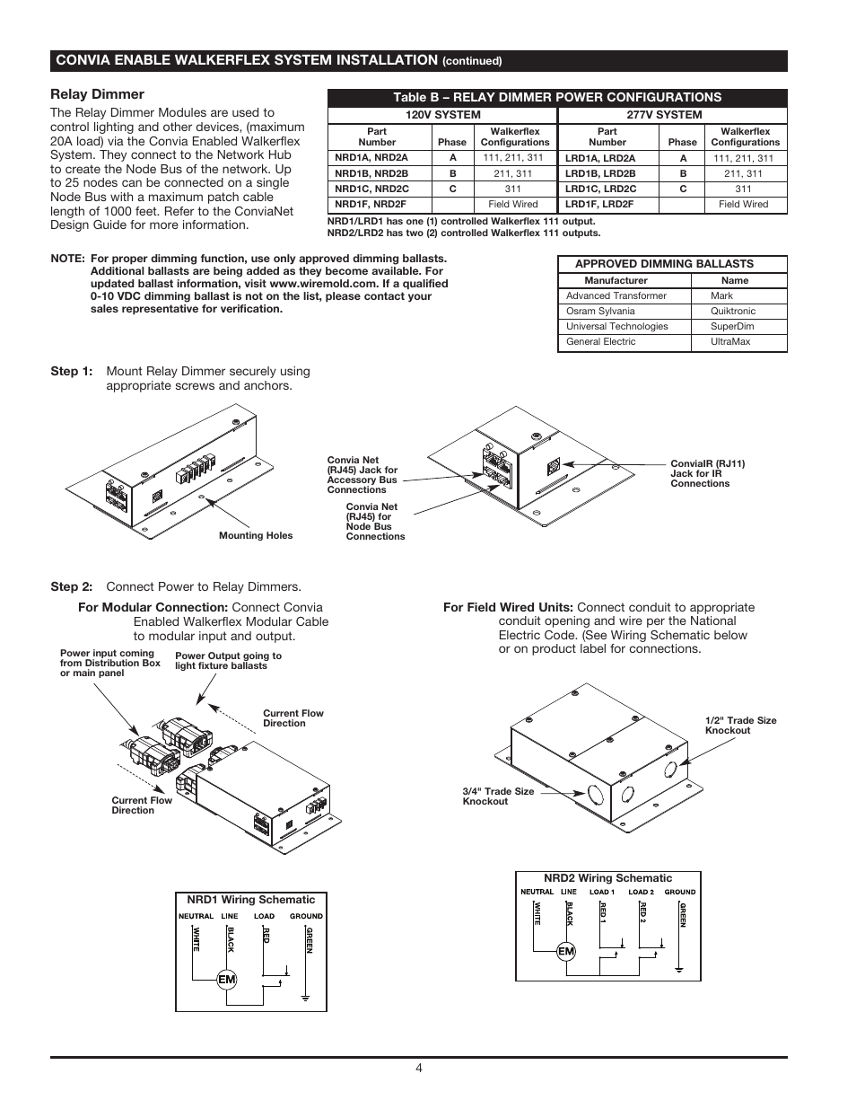 Convia enable walkerflex system installation, Relay dimmer | Legrand Convia Enabled Walkerflex System User Manual | Page 4 / 12