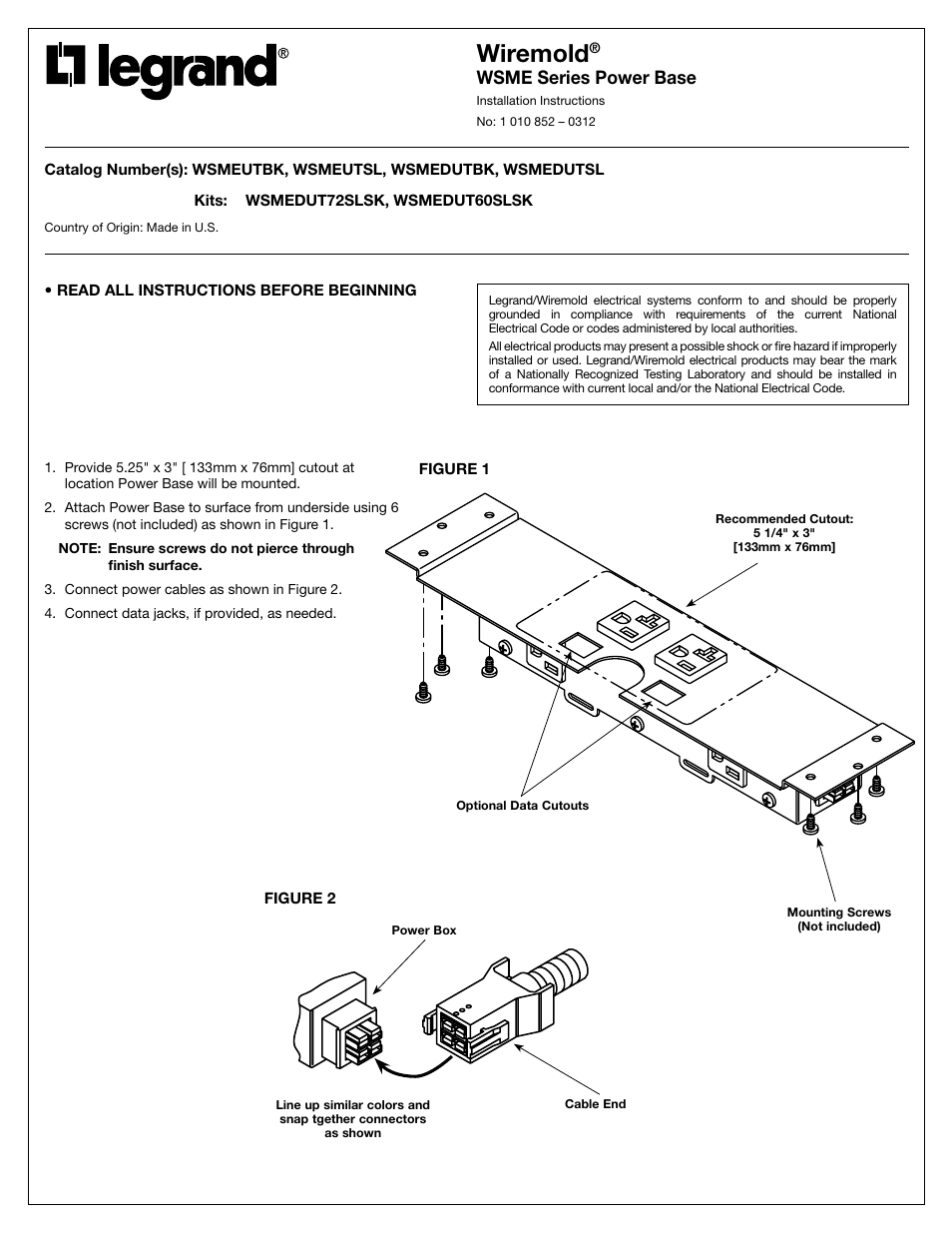 Legrand WSME Series Enhanced Power Base User Manual | 2 pages