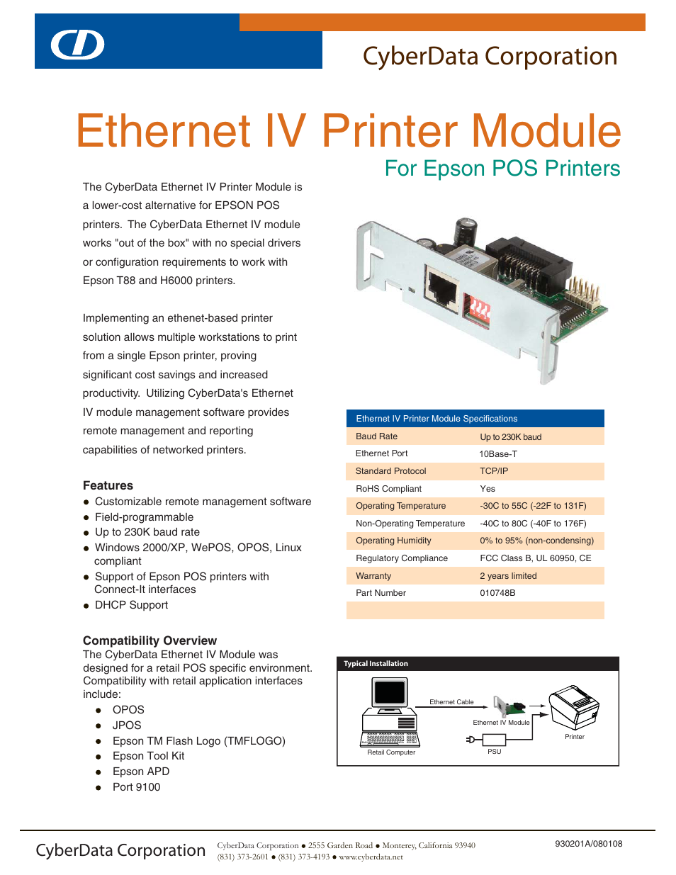 CyberData Ethernet IV Printer Module User Manual | 1 page