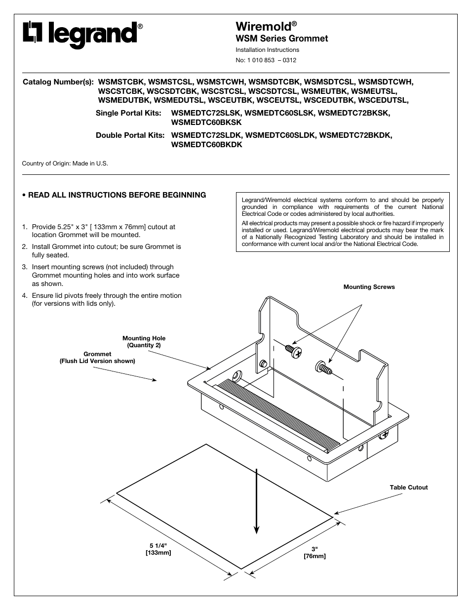 Legrand WSM Series Grommet User Manual | 2 pages