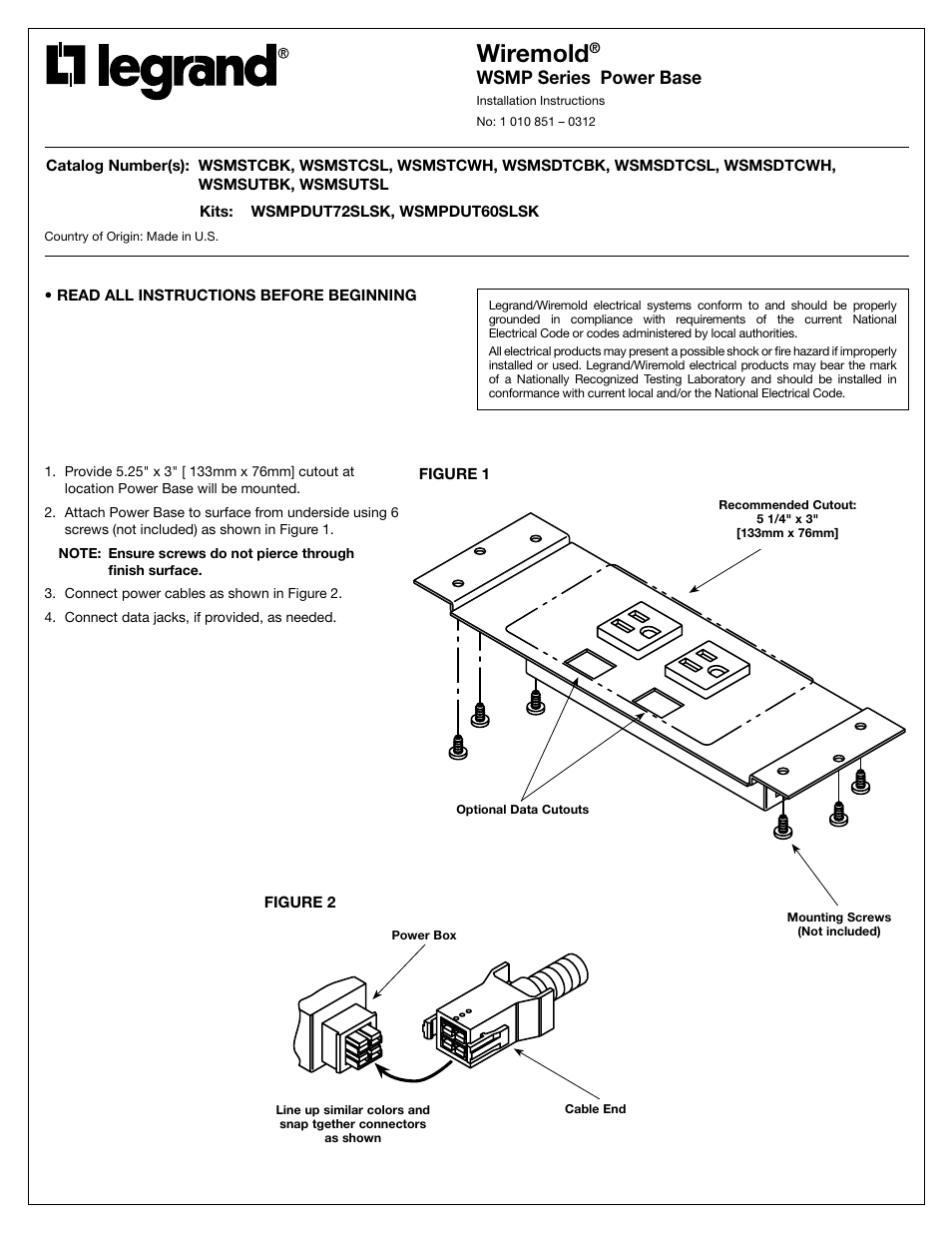 Legrand WSMP Series Work Surface Modular Power Standard Power Base User Manual | 2 pages