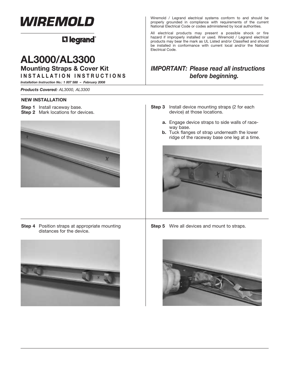 Legrand AL3356-ACTLPB Medium Aluminum Prewired Raceway Mounting Straps User Manual | 2 pages