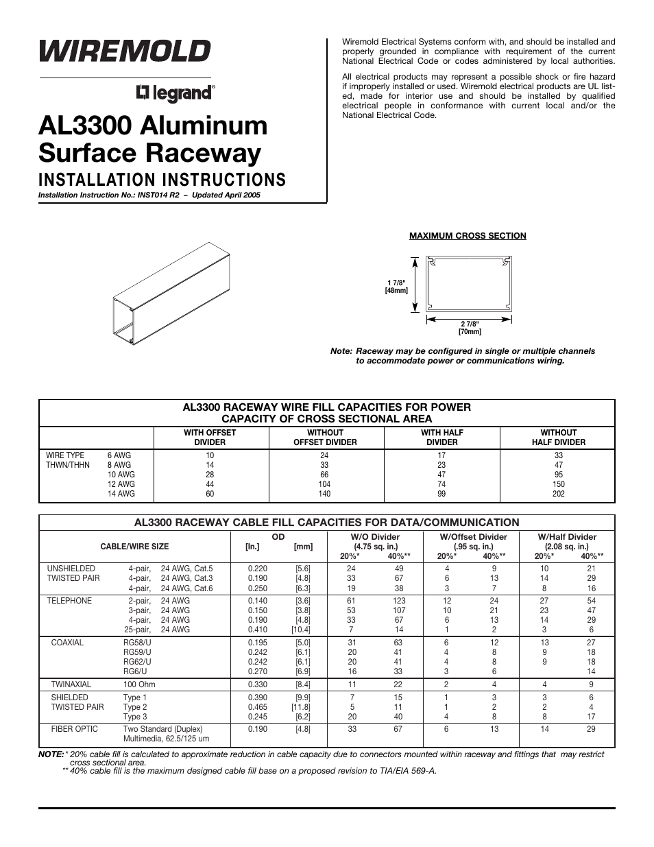Legrand AL3356-ACTLPB Small Aluminum Surface Raceway User Manual | 4 pages