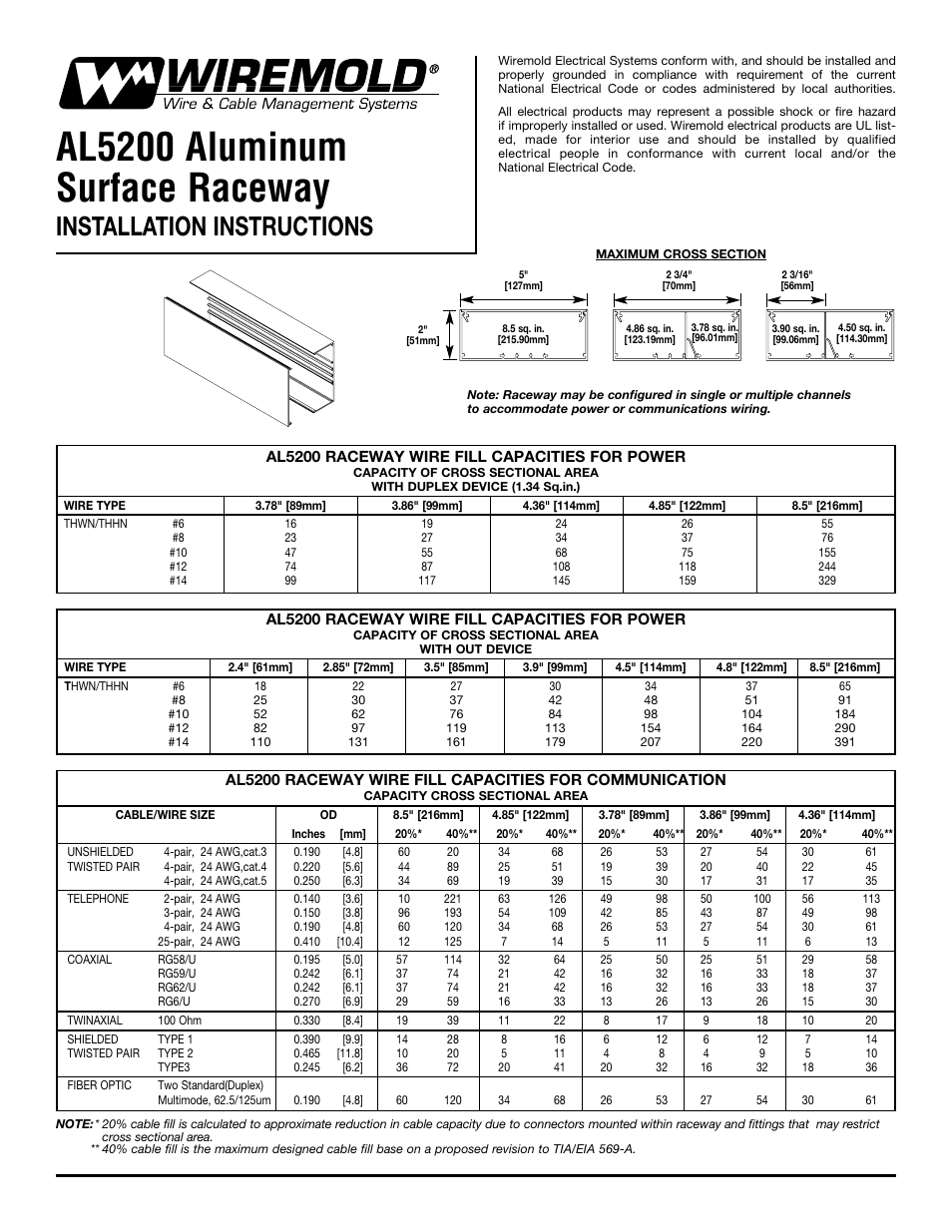 Legrand AL5200 Series Large Multi-Channel Aluminum Surface Raceway User Manual | 4 pages