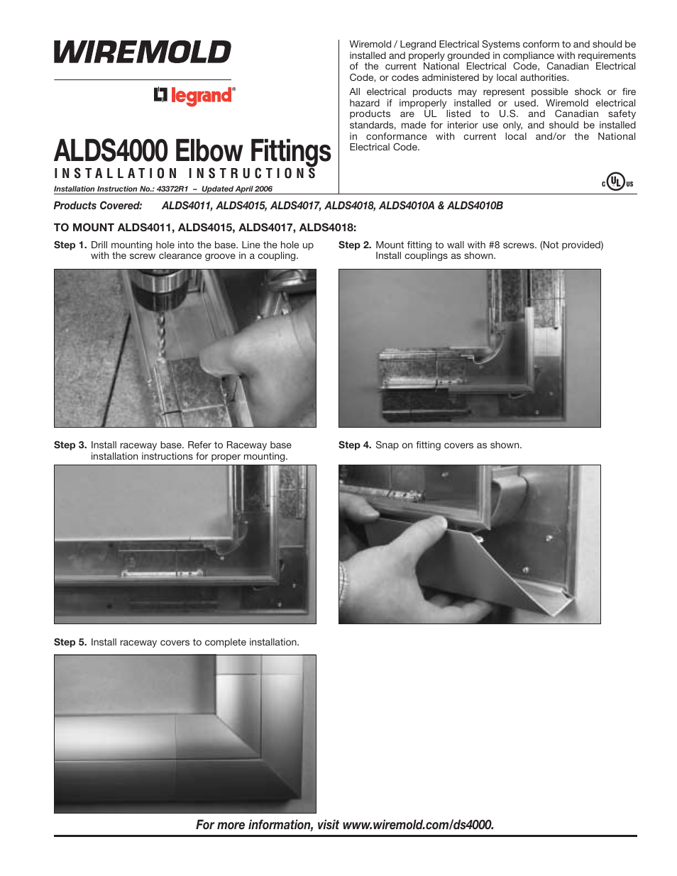 Legrand ALDS4000 Designer Series Large Raceway Elbow Fittings User Manual | 4 pages