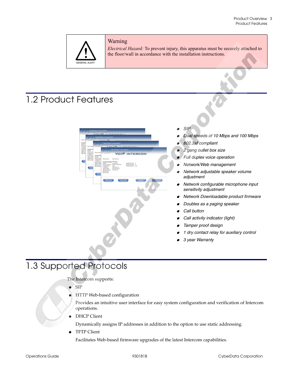 2 product features, 3 supported protocols, 2 product features 1.3 supported protocols | Warning | CyberData VoIP Intercom User Manual | Page 11 / 48