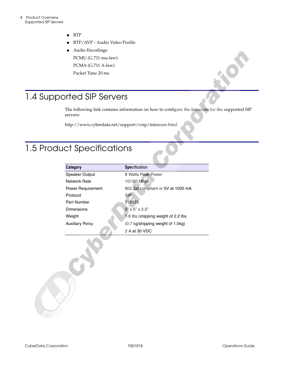 4 supported sip servers, 5 product specifications, 4 supported sip servers 1.5 product specifications | CyberData VoIP Intercom User Manual | Page 12 / 48
