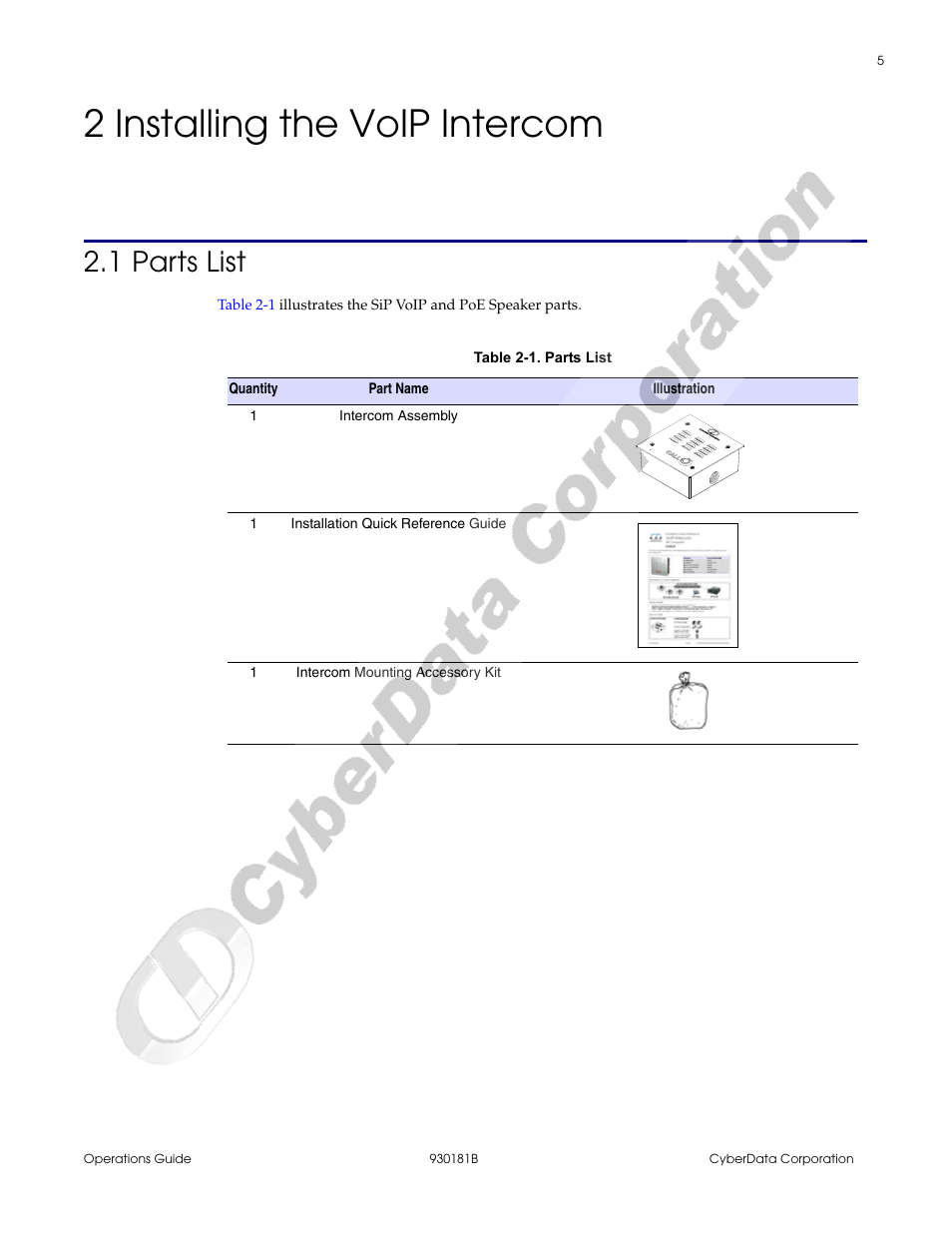 2 installing the voip intercom, 1 parts list, Chapter 2 installing the voip intercom | CyberData VoIP Intercom User Manual | Page 13 / 48