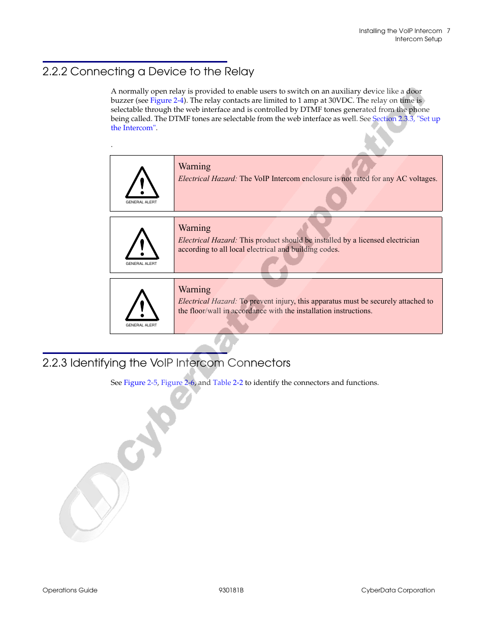 2 connecting a device to the relay, 3 identifying the voip intercom connectors, Warning | CyberData VoIP Intercom User Manual | Page 15 / 48