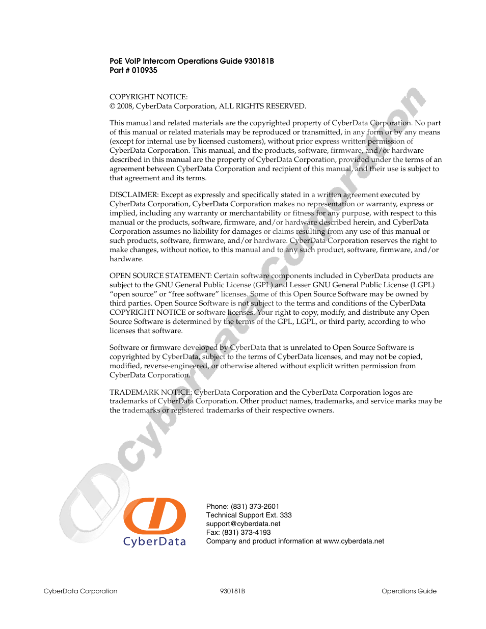 CyberData VoIP Intercom User Manual | Page 2 / 48