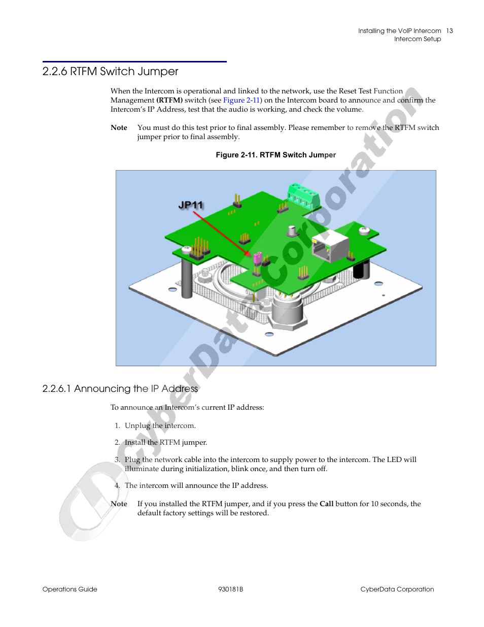 6 rtfm switch jumper, 1 announcing the ip address | CyberData VoIP Intercom User Manual | Page 21 / 48