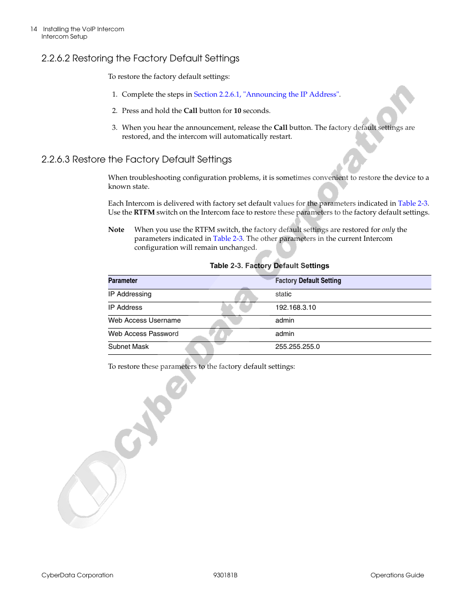 2 restoring the factory default settings, 3 restore the factory default settings | CyberData VoIP Intercom User Manual | Page 22 / 48