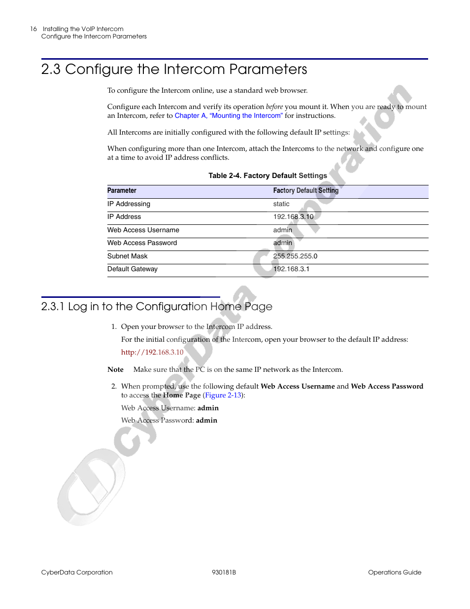3 configure the intercom parameters, 1 log in to the configuration home page | CyberData VoIP Intercom User Manual | Page 24 / 48